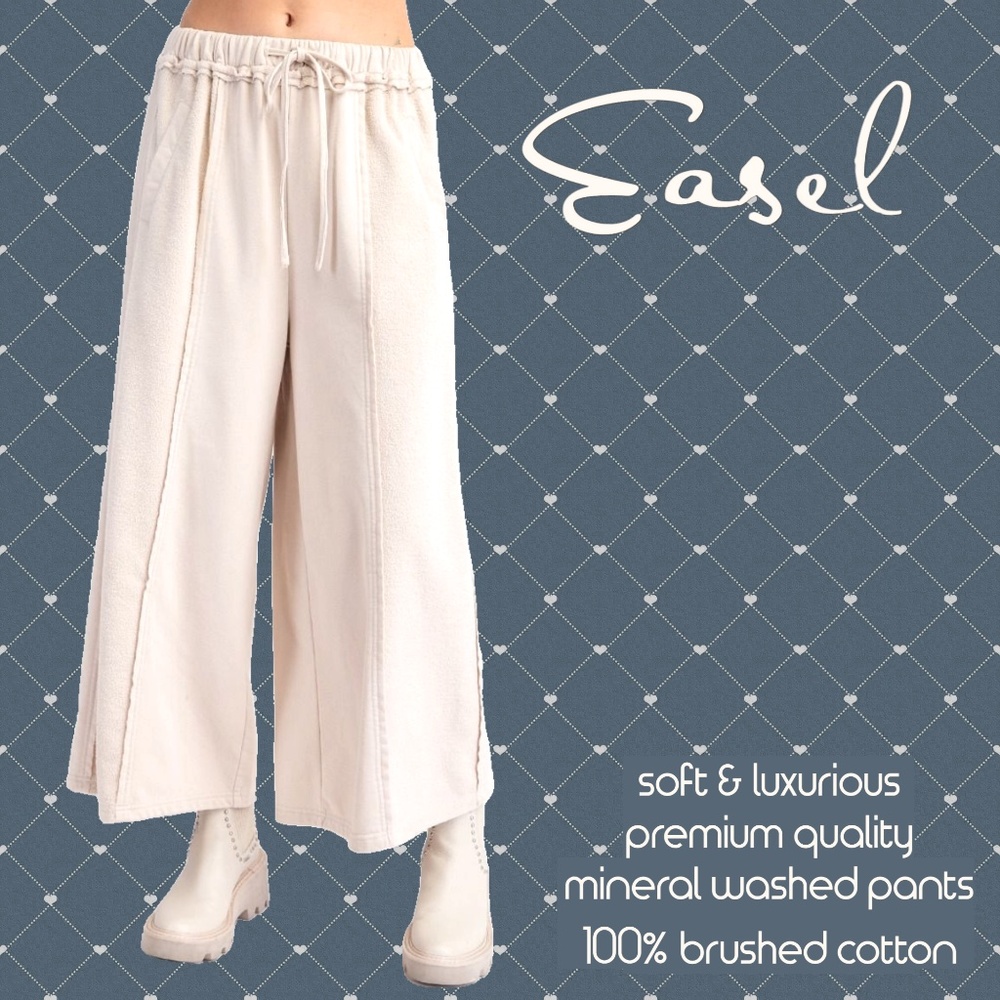 EASEL Luxurious 100% Brushed Cotton Mineral Wash Pants cropped Pockets Raw Seams